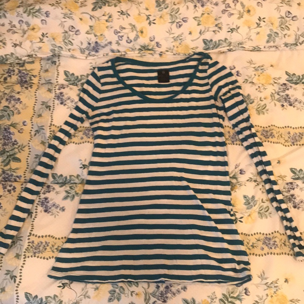 Teal and white striped long-sleeved shirt